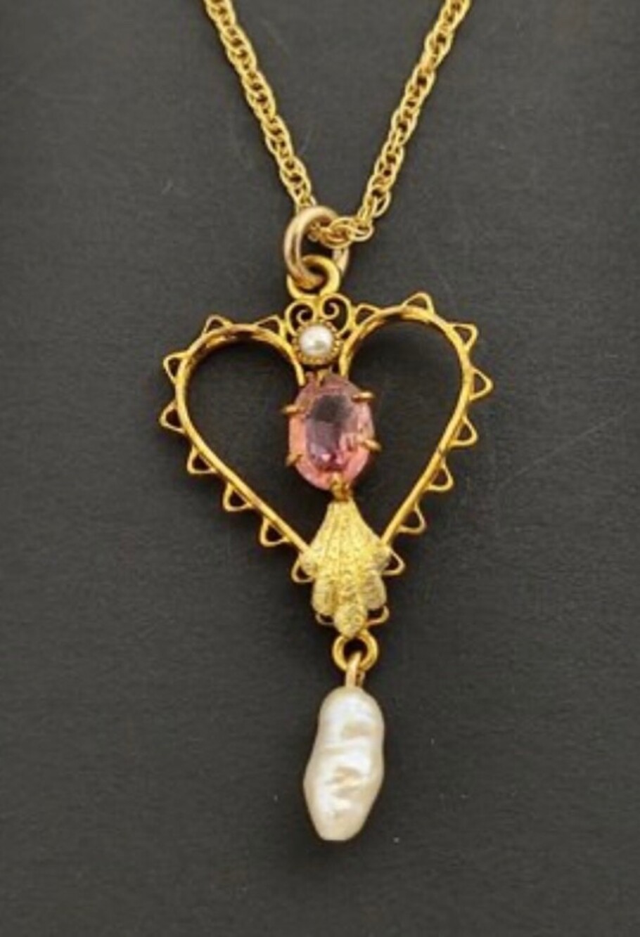 Antique Art Nouveau 12K GF Heart Lavalier Necklace Pink Stone Natural Pearl